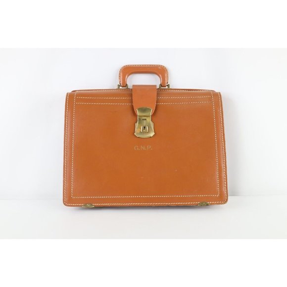 Vintage 60s Distressed Deep Buff Split Cowhide Leather Handled Briefcase Bag USA - Picture 1 of 12